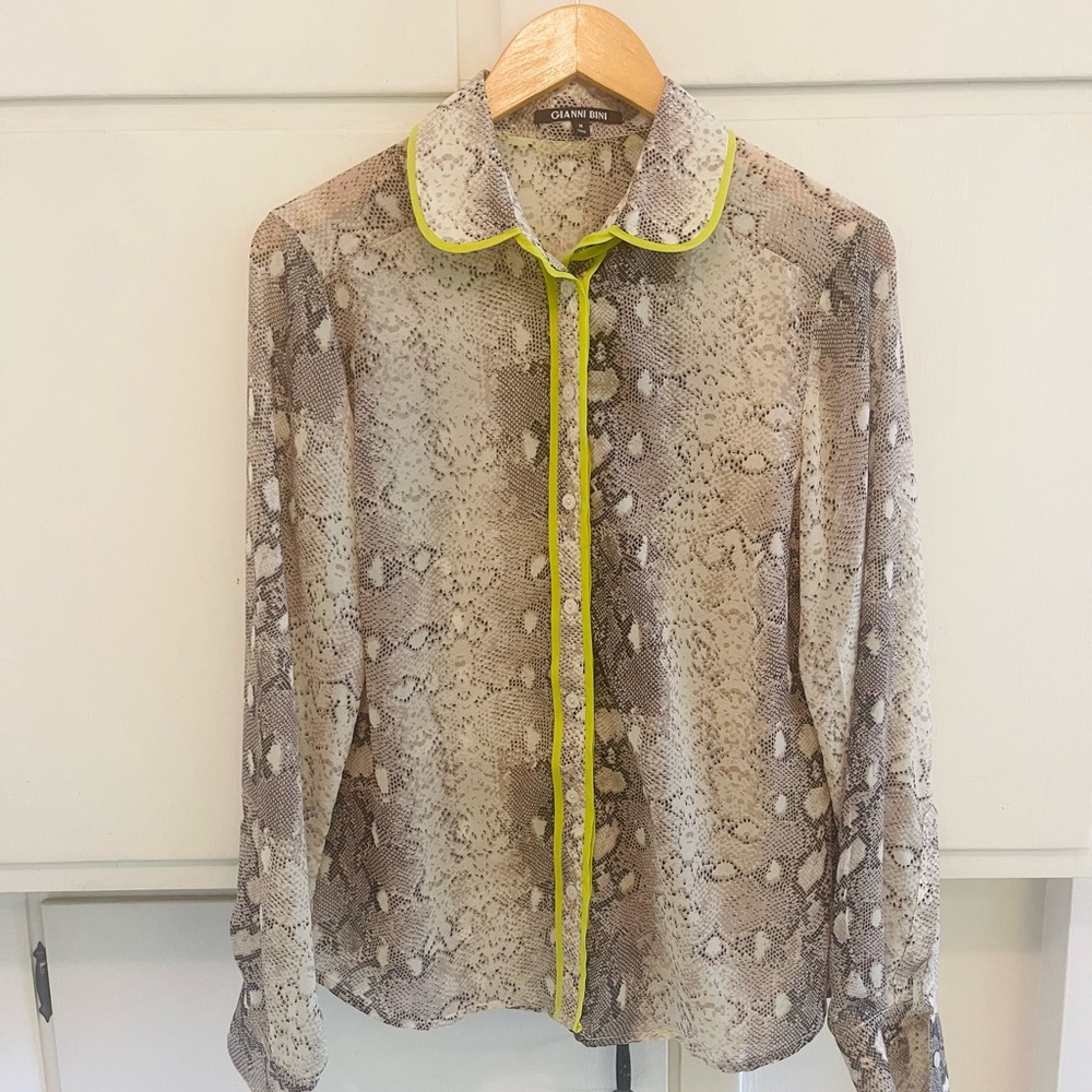 Gianni Bini Sheer Snake Print Blouse with Neon Yellow Trim